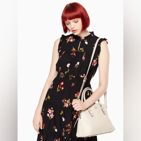 Kate Spade In Bloom Smocked Waist Black Floral Knee Length Dress Womens Size XXS - Picture 8 of 12